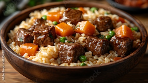 Beef and vegetable dish over rice.
