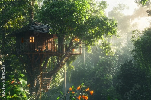 Fototapeta Naklejka Na Ścianę i Meble -  Secluded wooden treehouse hidden in lush green jungle