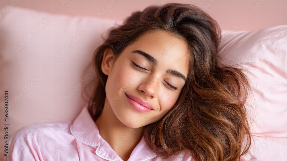 Fototapeta premium A serene woman with closed eyes is resting peacefully on a pink pillow in bed.