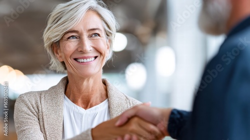 Senior businesswoman smiles while shaking hands in a business agreement.