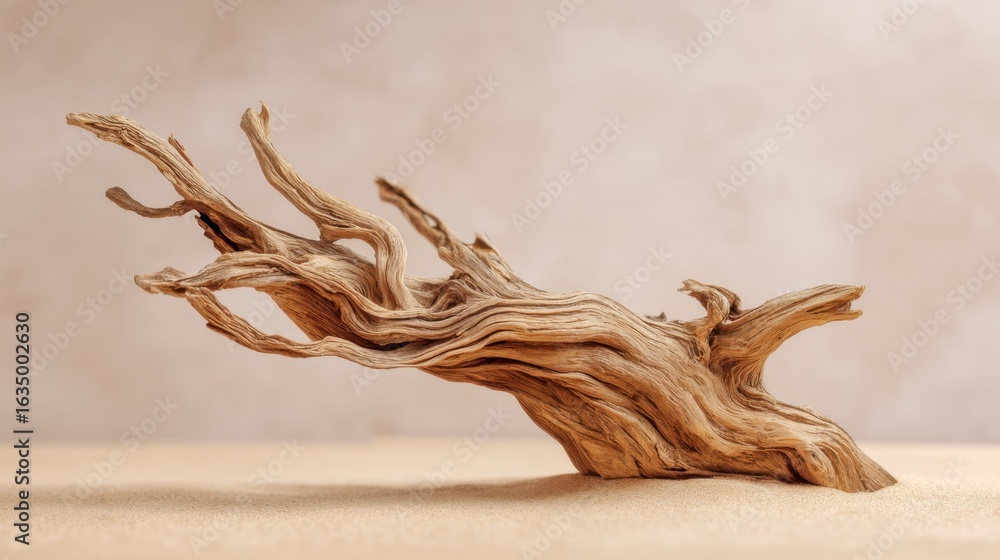 Fototapeta premium Unique driftwood piece showcases natural textures and curves. The light enhances the wood's organic patterns, creating a striking decorative object ideal for home decor.