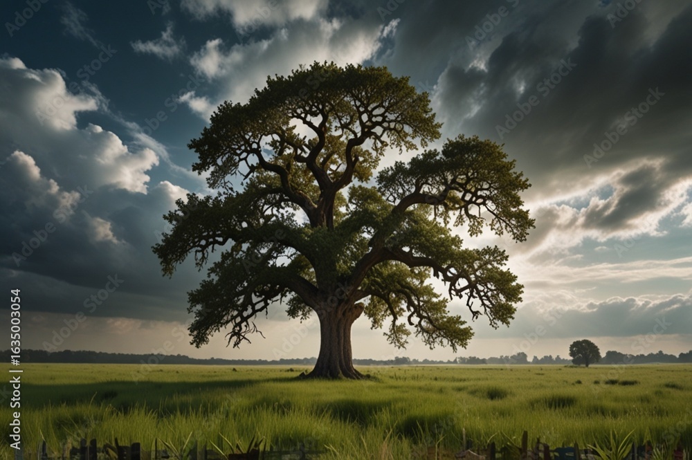 Fototapeta premium Vast green meadow with tall grass and a single ancient oak tree standing in the center, slightly windy, bright cloudy sky
