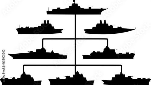 "Collection of military ship silhouettes in profile, each differing in size and structure, displayed as solid black shapes on a white background in a balanced, symmetrical composition, minimalist tech