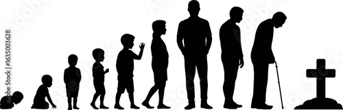 Human life cycle illustration, silhouette of aging stages, birth to death concept, growth and development timeline, Adobe Stock design asset