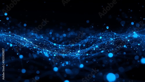 Abstract network of blue glowing nodes connected by lines on a dark background with bokeh effect