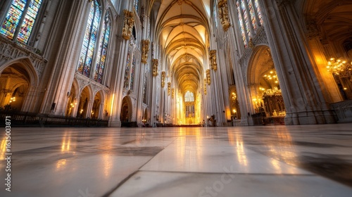Grand cathedral interior with sunlight and architectural details