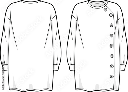 Stylish asymmetrical button-up long sleeve tunic with round neckline, a flat vector technical fashion sketch