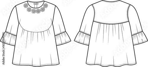 Stylish peasant blouse with embroidered floral neckline and wide sleeves, a flat vector technical sketch