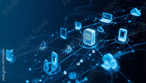 Network of connected devices in blue showing server laptop phone and cloud computing icons