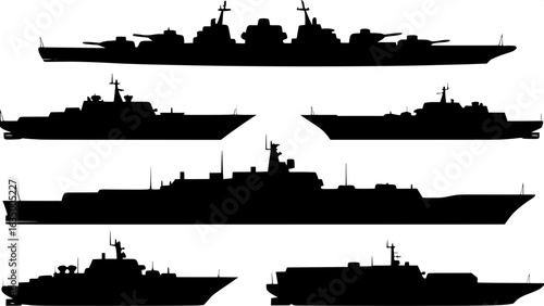 "Minimalist black silhouettes of various navy warships, including aircraft carriers, destroyers, frigates, and submarines, arranged symmetrically on a pure white background, in a flat 2D side profile 