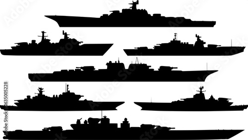 "Minimalist black silhouettes of various navy warships, including aircraft carriers, destroyers, frigates, and submarines, arranged symmetrically on a pure white background, in a flat 2D side profile 