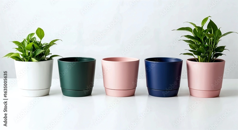 Fototapeta premium Minimal modern ceramic plant pots in various colors on white background, perfect for home decor, gardening, and lifestyle content.
