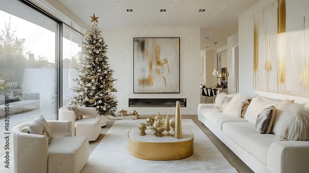 Fototapeta premium Modern living room decorated for christmas with a large tree and contemporary art