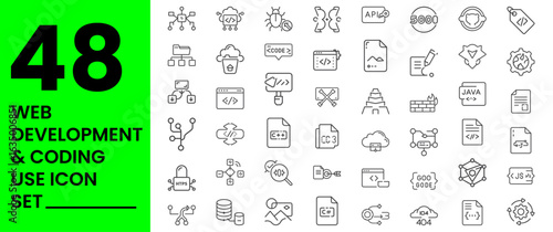 Web Development and Coding icon set, HTML5 File, CSS3 File, JavaScript File, React, Vue.js, Angular, Node.js, Python Script, PHP File, Java Code, C++ File, C# Code, Ruby File, Swift Code, Kotlin File,