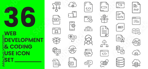 Web Development and Coding icon set, HTML5 File, CSS3 File, JavaScript File, React, Vue.js, Angular, Node.js, Python Script, PHP File, Java Code, C++ File, C# Code, Ruby File, Swift Code, Kotlin File,