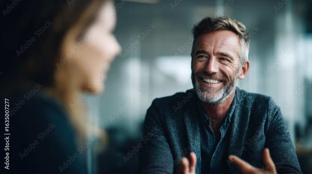Naklejka premium A smiling businessman in a meeting, possibly during a work discussion or a friendly conversation.