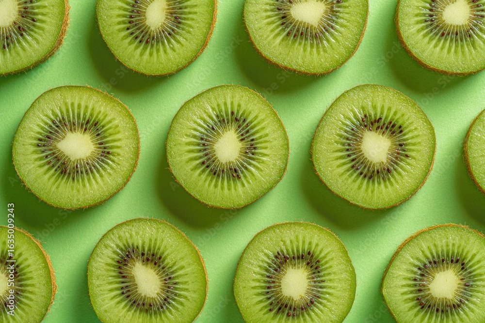 Fototapeta premium A vibrant flat lay featuring numerous perfectly arranged halved kiwi fruit slices on a pastel green background, creating a visually appealing and repetitive pattern