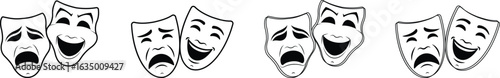 Theatrical mask icon set. Comedy and tragedy masks for holiday festival, theater and masquerade, isolated on transparent background. Drama and comedy theater mask icon design. Vector illustration.