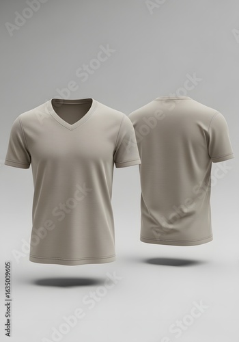 Neutral Beige V-neck T-shirt Front and Back Isolated on Grey
