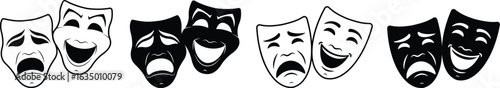 Theatrical mask icon set. Comedy and tragedy masks for holiday festival, theater and masquerade, isolated on transparent background. Drama and comedy theater mask icon design. Vector illustration.