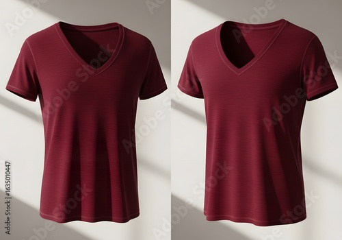 Maroon V-neck T-shirt Mockup on White with Soft Shadow