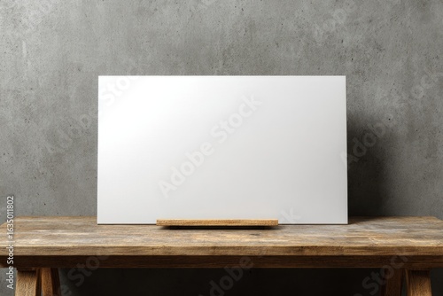 A blank white poster on a small wooden easel sits on a rustic wooden table against a textured gray concrete wall