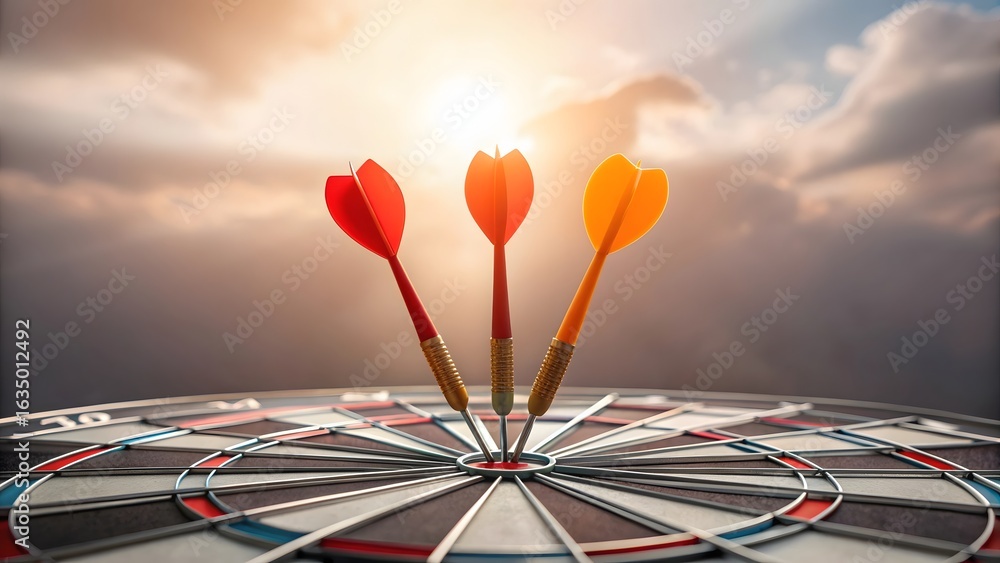 Fototapeta premium Three darts hit the bullseye on a dartboard, symbolizing success and precision in a game or competition
