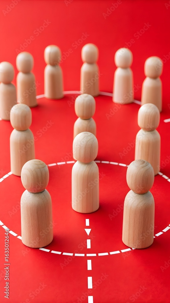 Obraz premium Wooden figures arranged in a circle on a red background, symbolizing teamwork and community