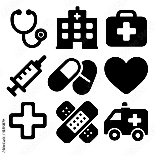 Set of 9 solid black health icons including syringe, bandage and first aid kit. Clean filled vector, thick lines, transparent background.