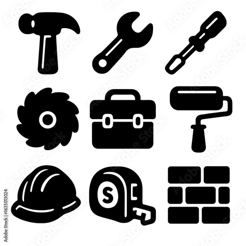 Black filled construction icons: hammer, wrench, helmet, saw and more. Bold silhouette style perfect for repair services, building projects and hardware apps.