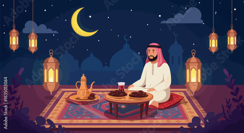 A serene arabian night scene depicting a man observing ramadan with iftar meal and lanterns