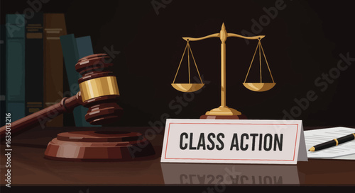 A visual representation of class action lawsuit, emphasizing legal concepts and judicial balance