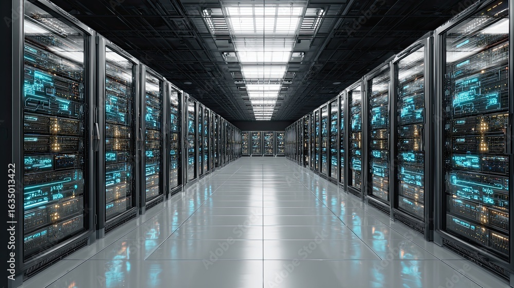 Fototapeta premium Modern data center interior with glowing server racks and futuristic lights in a secure server environment