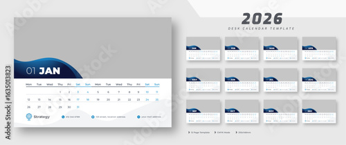 Desk calendar 2026 template | corporate desk calendar schedule 2026 monthly 12-page planner layout | week starts on Monday