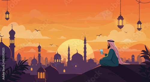 Arabian cityscape contemplation at dusk with figure looking toward the horizon and warm colors