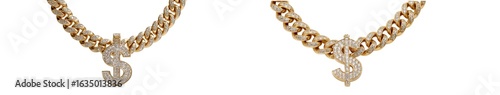 Gold chain necklace with diamond dollar sign pendant isolated on transparent background