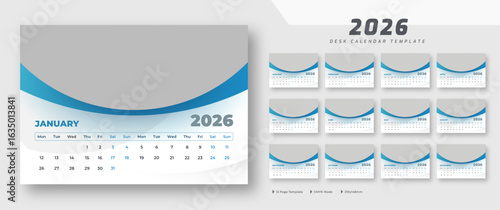 Desk calendar 2026 template | corporate desk calendar schedule 2026 monthly 12-page planner layout | week starts on Monday