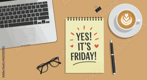 Animated vector overhead view showcasing friday excitement with laptop and coffee break elements
