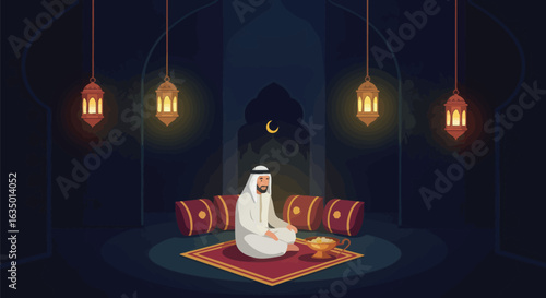 Arabian serenity vector scene showing prayer, meditation, and contemplation amid lanterns in a