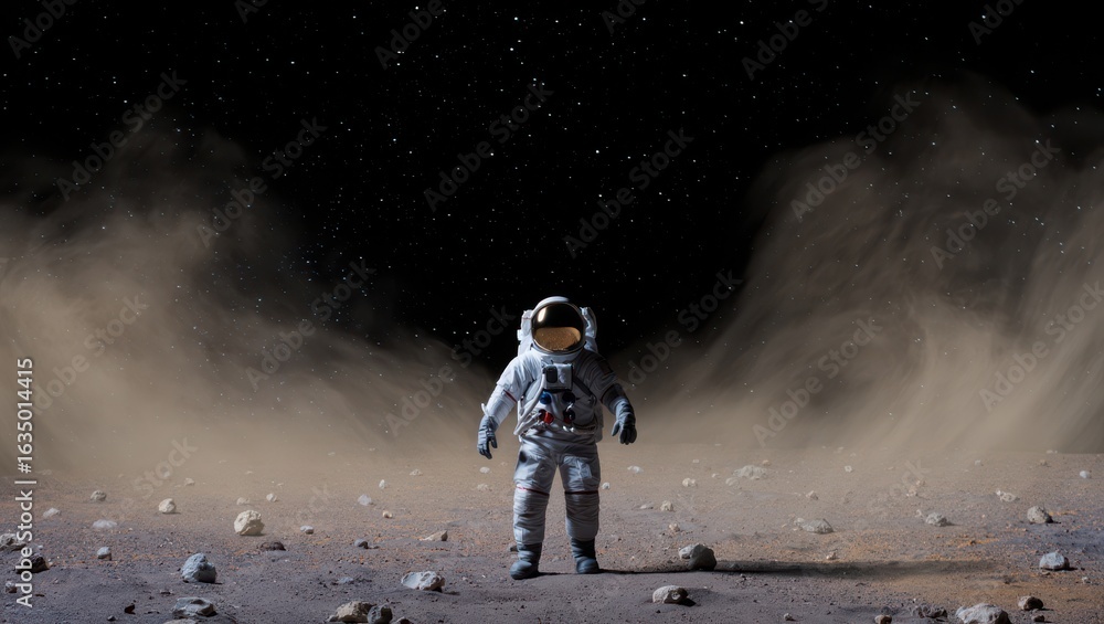 Naklejka premium Astronaut standing on a dusty planet surface under a starry sky