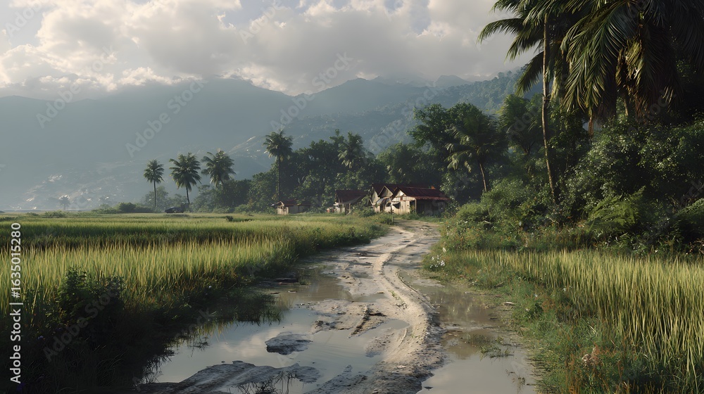 Obraz premium Explore rural landscapes rice paddy fields and mountain views a serene countryside travel destination scene