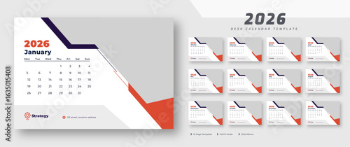 Desk calendar 2026 template | corporate desk calendar schedule 2026 monthly 12-page planner layout | week starts on Monday