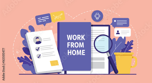 Conceptual illustration portraying remote work setup with office supply elements and digital