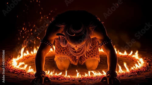 A theyyam performer in kerala, india, is seen kneeling inside a circle of fire, with sparks flying around, during a traditional hindu ritualistic dance performance