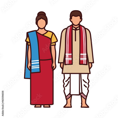 Bodo Tribal Dokhona Gamosa Jor Couple Vector - Assam Traditional Cultural Logo