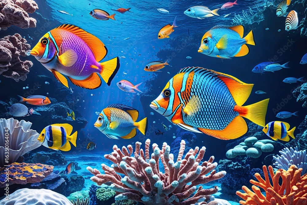 Naklejka premium Colorful Tropical Fish Swimming in a Lively Coral Reef Underwater Environment