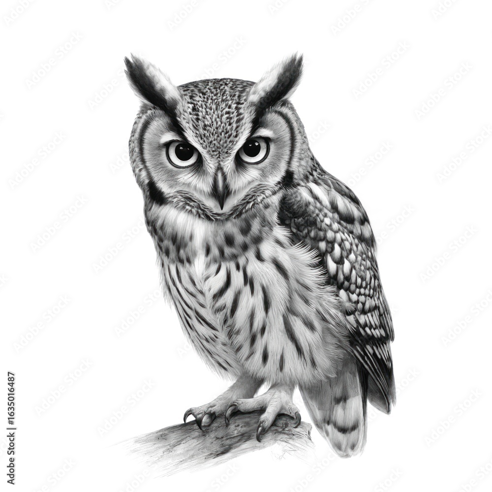 Fototapeta premium Detailed pencil sketch of cute horned owl perched on tree branch. Illustration features intricate feather detail, realistic eyes, rendered in black, white with subtle vignetting. Artwork drawn