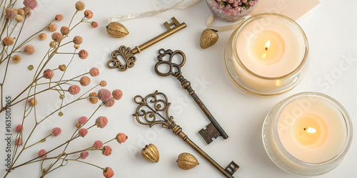 Three antique keys are laying on a white surface next to burning candles, dried flowers, and decorative elements, evoking a mysterious and cozy halloween atmosphere