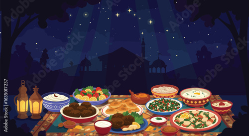 Enchanting iftar scene under a starlit sky with a mosque silhouette in the horizon featuring a