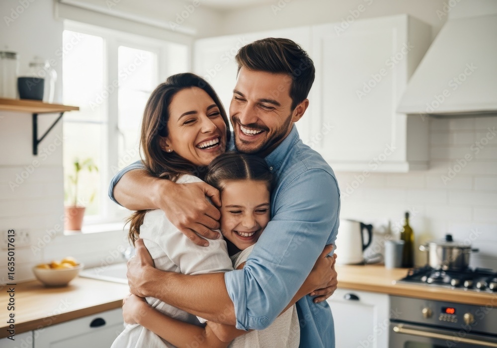 Fototapeta premium Happy family hugging in the kitchen with natural light and white cabinets
